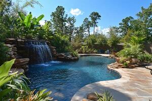 Backyard swimming pool with waterfall cascading into crystal clear water, featuring lush tropical landscaping photo