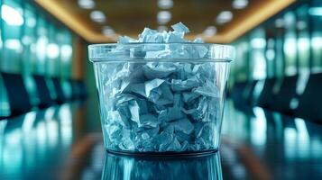 Glass container full of crumpled paper on meeting room table symbolizing bad ideas photo