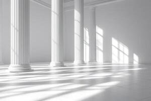 Sunlight illuminating white columns in a bright empty hall photo