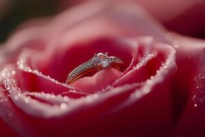 Diamond engagement ring resting on a beautiful pink rose with water drops photo