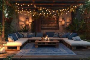 Cozy bohemian patio illuminating with string lights at dusk photo
