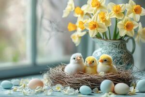 Cute baby chicks sitting in nest with easter eggs and daffodils in background photo
