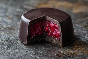 Gourmet dark chocolate bonbon filled with raspberry jelly resting on slate photo