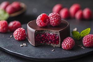 Gourmet dark chocolate bonbon filled with raspberry jelly and decorated with fresh raspberries photo