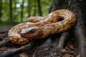 Intricately Carved Wooden Snake Resting on Tree Roots photo