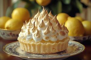 Delicious Lemon Meringue Tart with Fresh Lemons photo