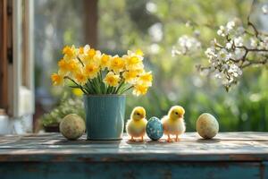 Charming Spring Scene with Ducklings and Daffodils photo