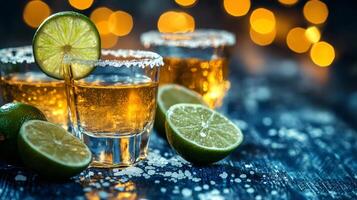 Two tequila shots with lime and salt on wooden table with bokeh effect photo