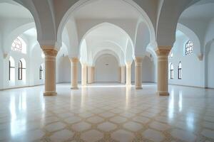 White columns supporting arches inside modern mosque photo
