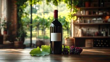 Bottle of red wine with grapes and leaves standing on a wooden table in a winery photo