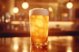 Refreshing pint of cold beer sitting on bar counter in pub photo