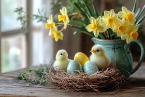 Two baby chicks sitting in nest with easter eggs and daffodils in rustic setting photo