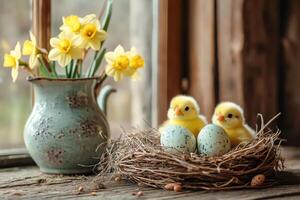 Two newborn chicks sitting in nest with easter eggs and daffodils in window photo