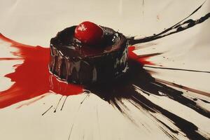 Chocolate cake dripping with syrup and red strawberry on top, lying on a surface covered with red and black paint strokes photo