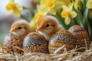 Baby chicks exploring easter eggs and daffodils in a nest photo