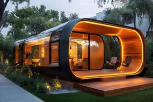Modern Tiny Home with Futuristic Design and Warm Lighting photo