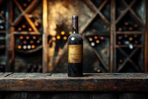Dusty wine bottle standing on wooden shelf in cellar photo