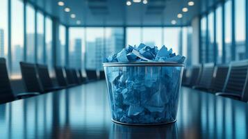 Crumpled paper in trash can in meeting room shows bad ideas photo