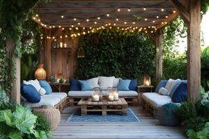 Cozy pergola illuminating a relaxing outdoor lounge area with string lights, creating a magical ambiance photo