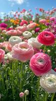 Delicate ranunculus flowers blooming in a colorful field under a blue sky photo
