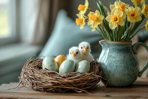 Easter decoration with chicks, eggs and daffodils in a vase on a wooden table photo