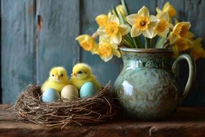 Easter chicks sitting in nest with colorful eggs and daffodils in rustic vase photo