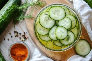 Freshly Pickled Cucumber Slices with Dill and Spices photo