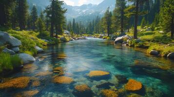 Crystal clear water flowing through a pristine mountain stream photo