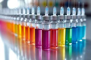 Many colorful vials containing liquid are being filled with syringes in a laboratory photo