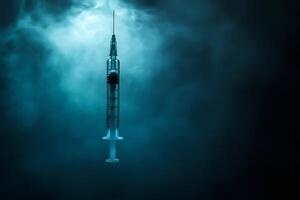 Syringe hanging in dark smoky atmosphere, representing drug addiction and healthcare challenges photo