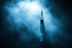 Syringe with needle pointing up surrounded by smoke under dramatic lighting photo