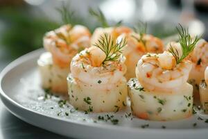 Delicious shrimp appetizers garnished with fresh dill served on a white plate photo