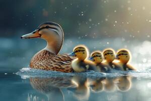 Mother duck swimming with ducklings on lake in spring photo