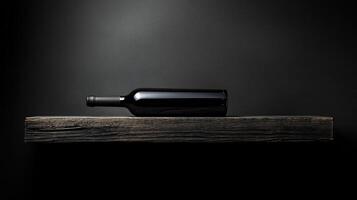 Elegant wine bottle resting on rustic wooden shelf in dark cellar photo