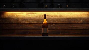 Wine bottle standing on shelf in rustic cellar with backlight photo