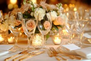 Elegant wedding table setting with roses and candles creating a romantic atmosphere photo