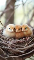 Three newborn chicks huddled together in their nest photo