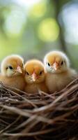 Three newborn chicks resting in a nest made of twigs photo