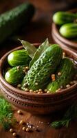 Pickled cucumbers with mustard seeds and bay leaf in bowl on wooden table photo
