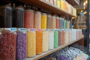 Shelves full of colorful candies and spices in glass jars create a vibrant and tempting display photo