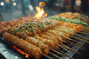 Street food vendor grilling meat skewers on flaming grill photo