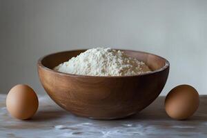 Wooden bowl overflowing with flour and two eggs ready for baking photo
