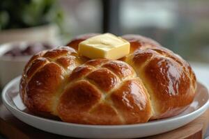 Buttery brioche bread resting on white plate with jam in the background photo