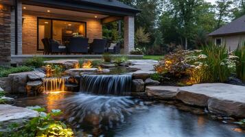 Backyard pond with waterfall flowing into calm water next to patio at dusk photo