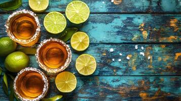 Golden tequila shots with lime slices and salt on rustic blue wood table photo