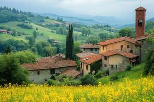 Picturesque tuscany village surrounded by blooming yellow rapeseed flowers photo