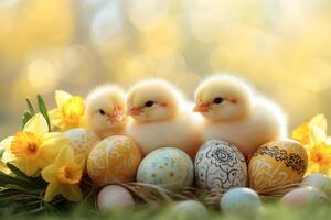 Three baby chicks sitting on colorful easter eggs and daffodils in a nest photo
