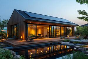 Modern eco-friendly home with solar panels at dusk. photo