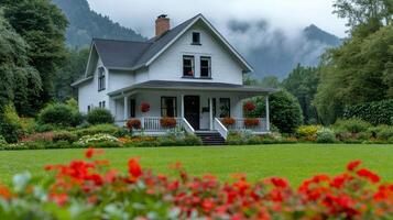 White country house with garden and mountains in the background photo