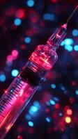 Syringe needle pointing up with red and blue bokeh background photo